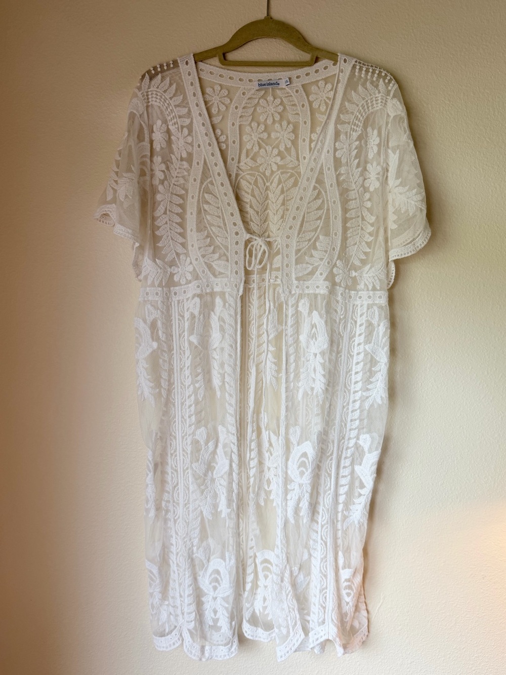 Blue Island Lacey Embroidered Tie-Front Cover-Up, Size Large XL